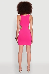 Womens Ribbed Knit Side Cut Out Mini Tank Dress, Pink, Size L