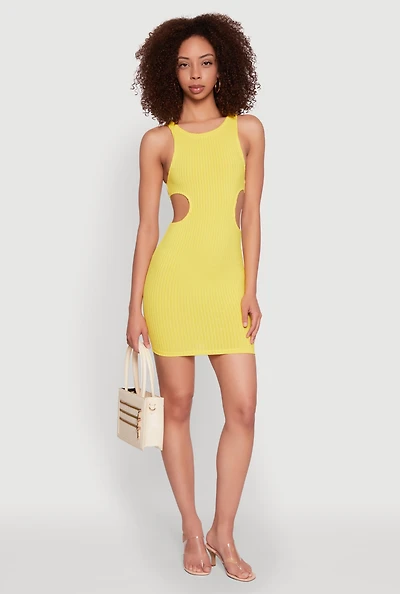 Womens Ribbed Knit Side Cut Out Mini Tank Dress, Yellow, Size L
