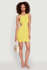 Womens Ribbed Knit Side Cut Out Mini Tank Dress, Yellow, Size L