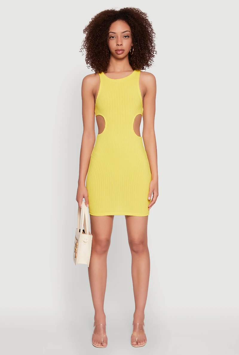Womens Ribbed Knit Side Cut Out Mini Tank Dress, Yellow, Size L