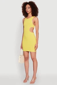 Womens Ribbed Knit Side Cut Out Mini Tank Dress, Yellow, Size L