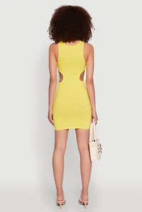 Womens Ribbed Knit Side Cut Out Mini Tank Dress, Yellow, Size L