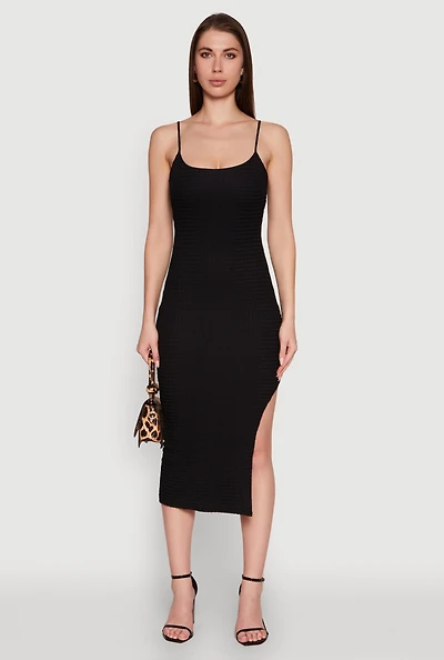 Womens Chic Textured Knit Scoop Neck Bodycon Dress with Side Slit,