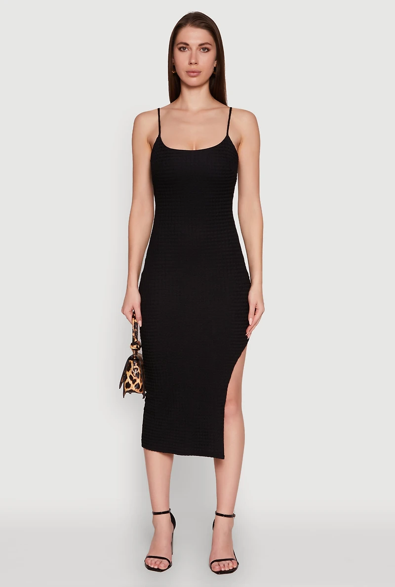 Womens Chic Textured Knit Scoop Neck Bodycon Dress with Side Slit, Black,
