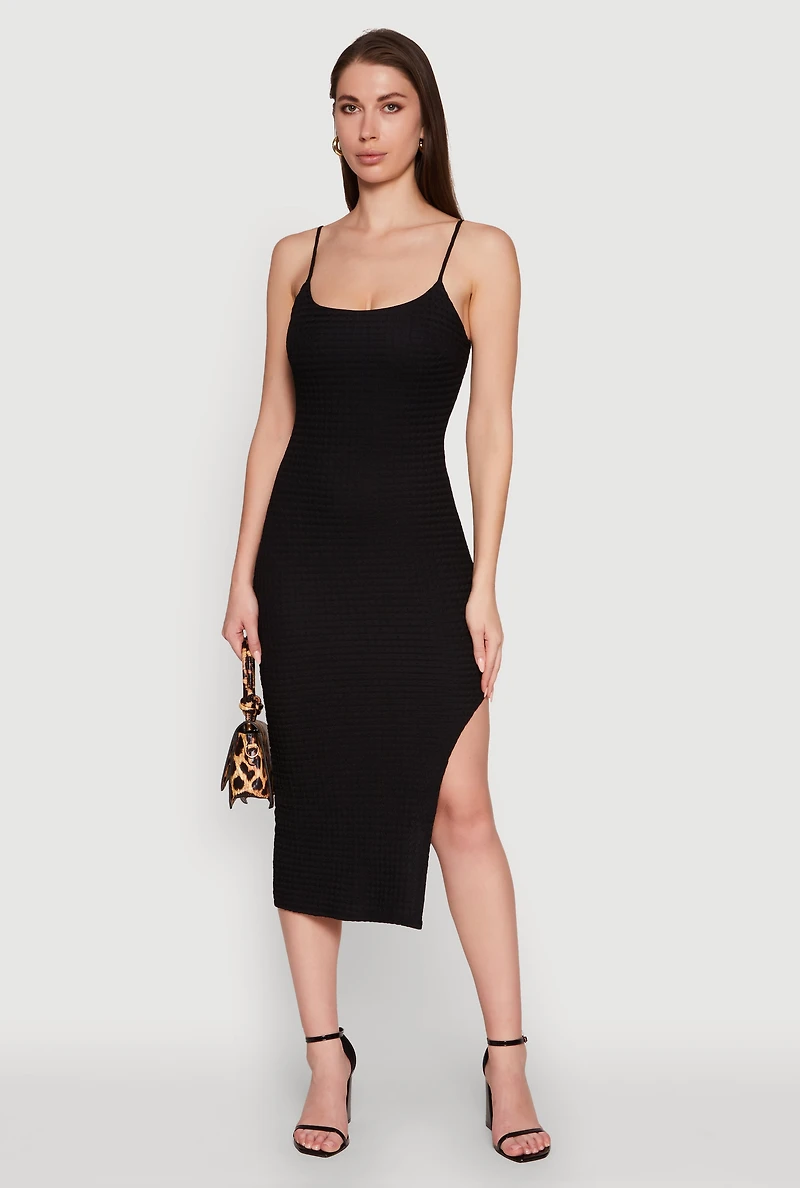 Womens Chic Textured Knit Scoop Neck Bodycon Dress with Side Slit, Black,