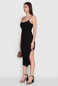 Womens Chic Textured Knit Scoop Neck Bodycon Dress with Side Slit, Black,