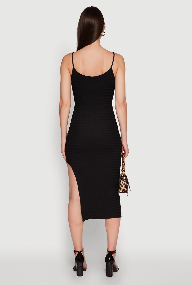 Womens Chic Textured Knit Scoop Neck Bodycon Dress with Side Slit, Black,