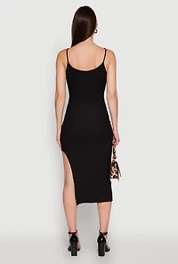 Womens Chic Textured Knit Scoop Neck Bodycon Dress with Side Slit, Black,