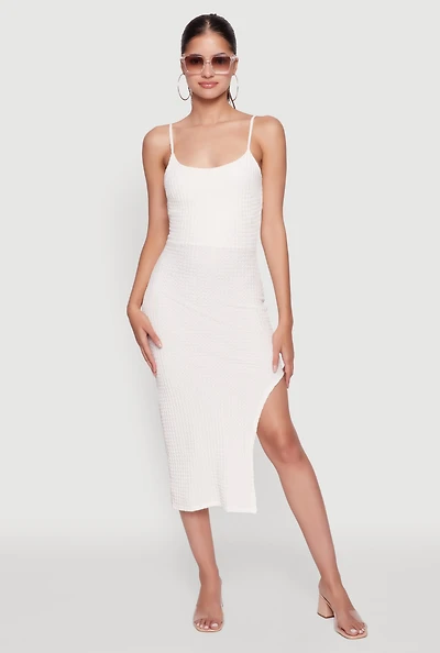 Womens Chic Textured Knit Scoop Neck Bodycon Dress with Side Slit, White, Size XL