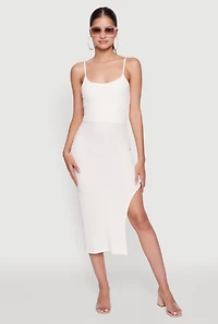 Womens Chic Textured Knit Scoop Neck Bodycon Dress with Side Slit, White, Size XL