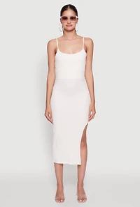 Womens Chic Textured Knit Scoop Neck Bodycon Dress with Side Slit, White, Size M