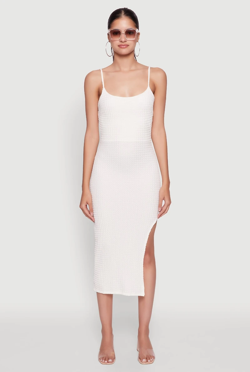 Womens Chic Textured Knit Scoop Neck Bodycon Dress with Side Slit, White, Size XL