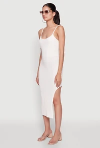 Womens Chic Textured Knit Scoop Neck Bodycon Dress with Side Slit, White, Size M