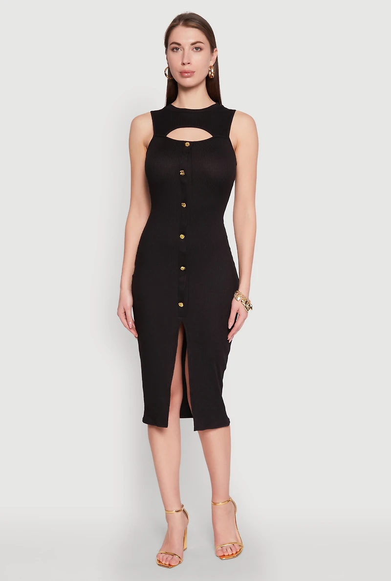 Womens Rib Knit Slit Front Keyhole Midi Dress, Black, Size M