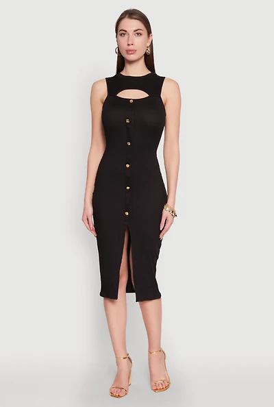 Rib Knit Slit Front Keyhole Midi Dress