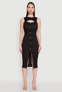 Womens Rib Knit Slit Front Keyhole Midi Dress, Black, Size M