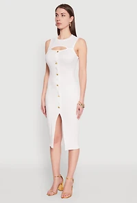 Womens Rib Knit Slit Front Keyhole Midi Dress, White, Size M
