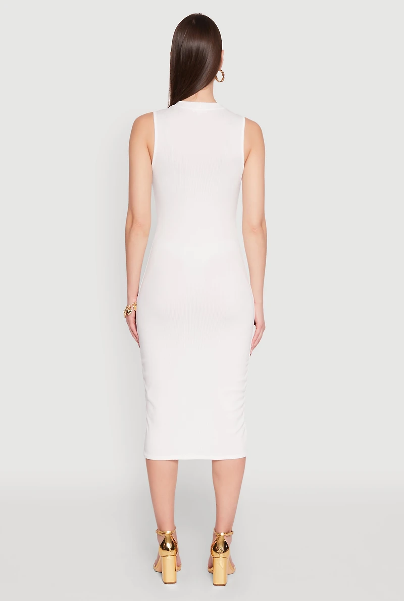 Womens Rib Knit Slit Front Keyhole Midi Dress, White, Size M