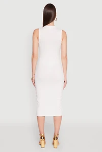 Womens Rib Knit Slit Front Keyhole Midi Dress, White, Size M