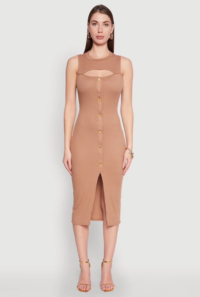 Rib Knit Slit Front Keyhole Midi Dress