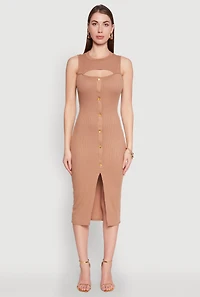 Rib Knit Slit Front Keyhole Midi Dress