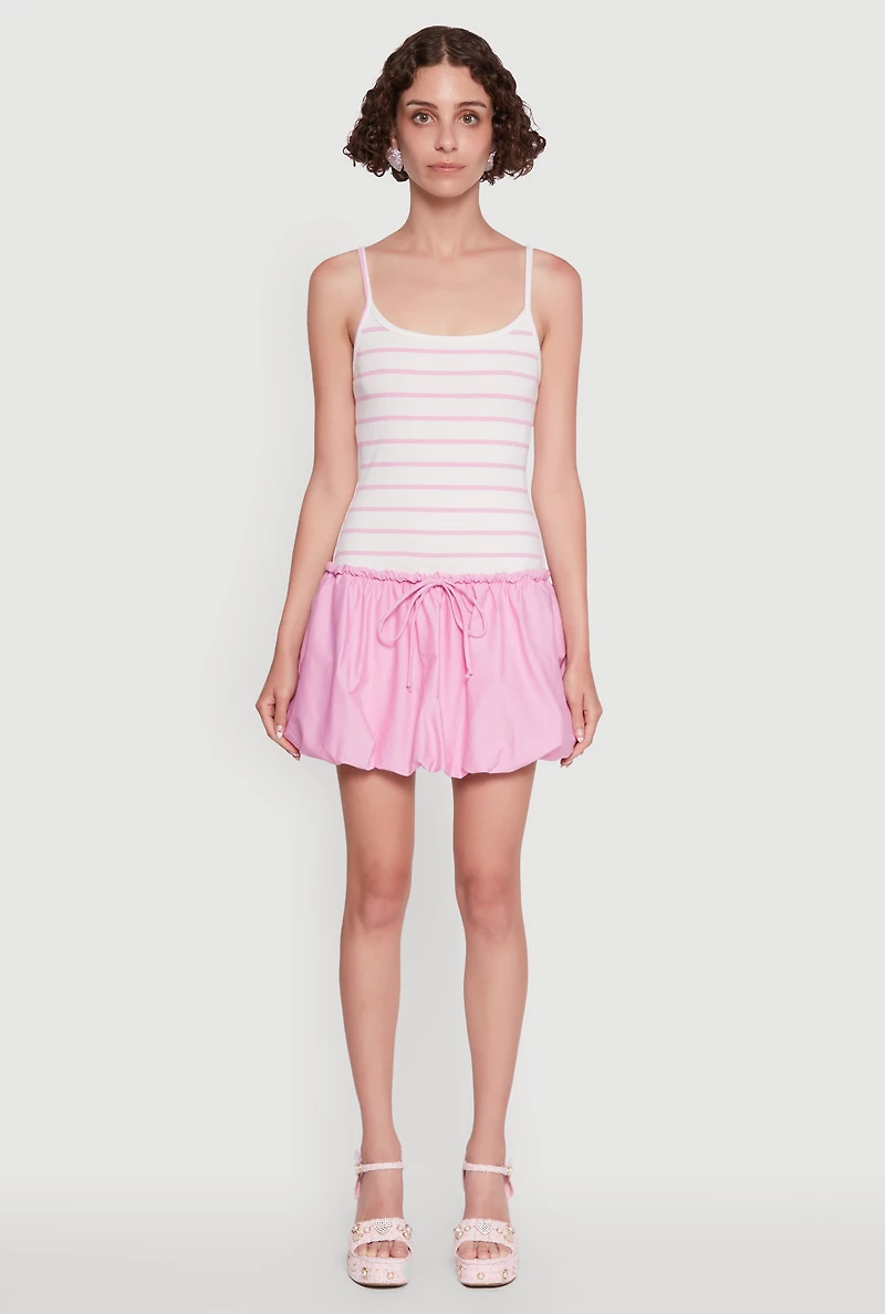 Womens Ribbed Knit Striped Bubble Hem Mini Dress, Pink, Size M