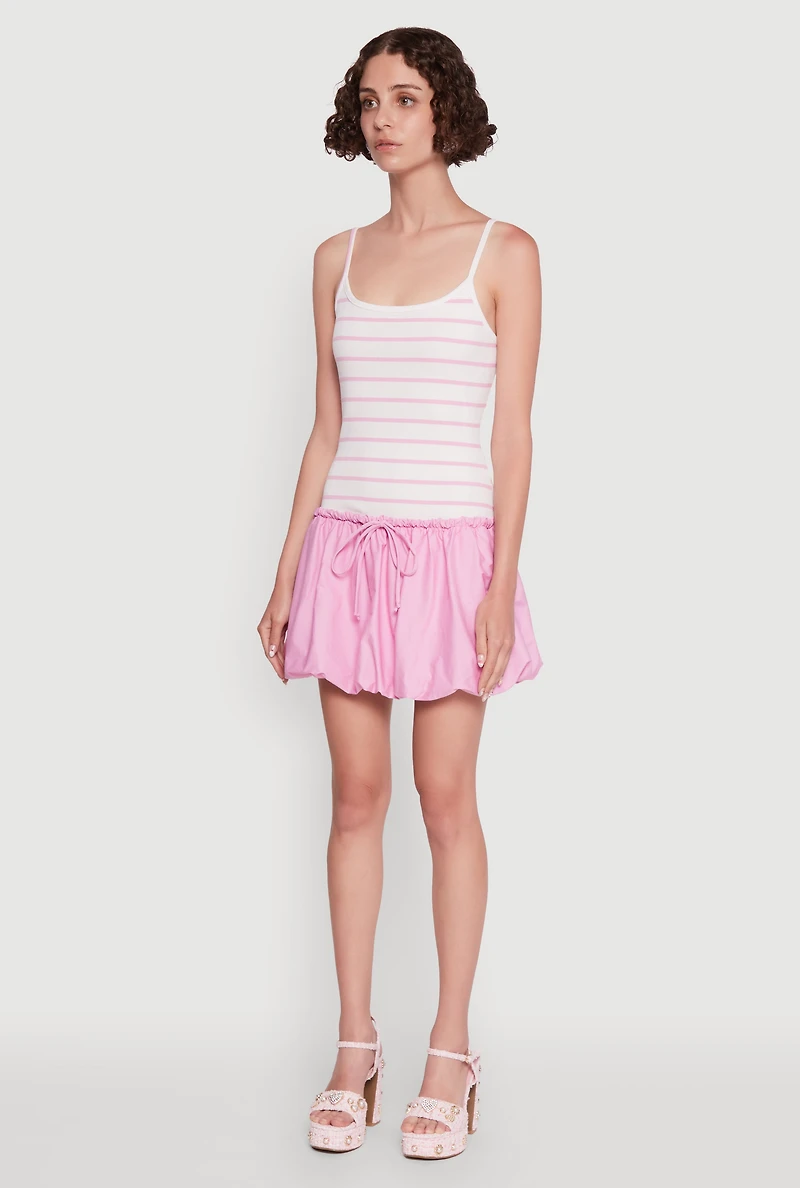 Womens Ribbed Knit Striped Bubble Hem Mini Dress, Pink, Size M