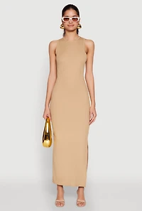 Womens Rib Knit Side Slit Maxi Dress, M