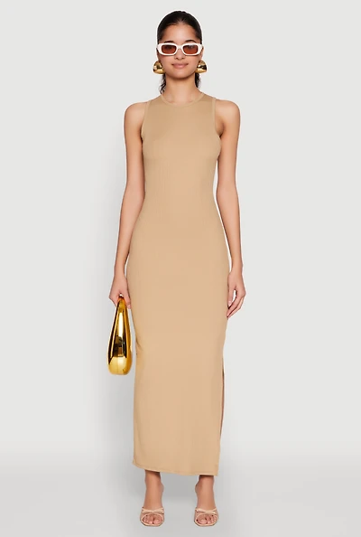 Womens Rib Knit Side Slit Maxi Dress,