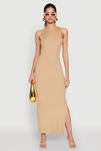 Womens Rib Knit Side Slit Maxi Dress,