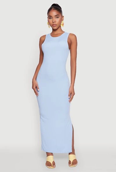 Womens Rib Knit Side Slit Maxi Dress,