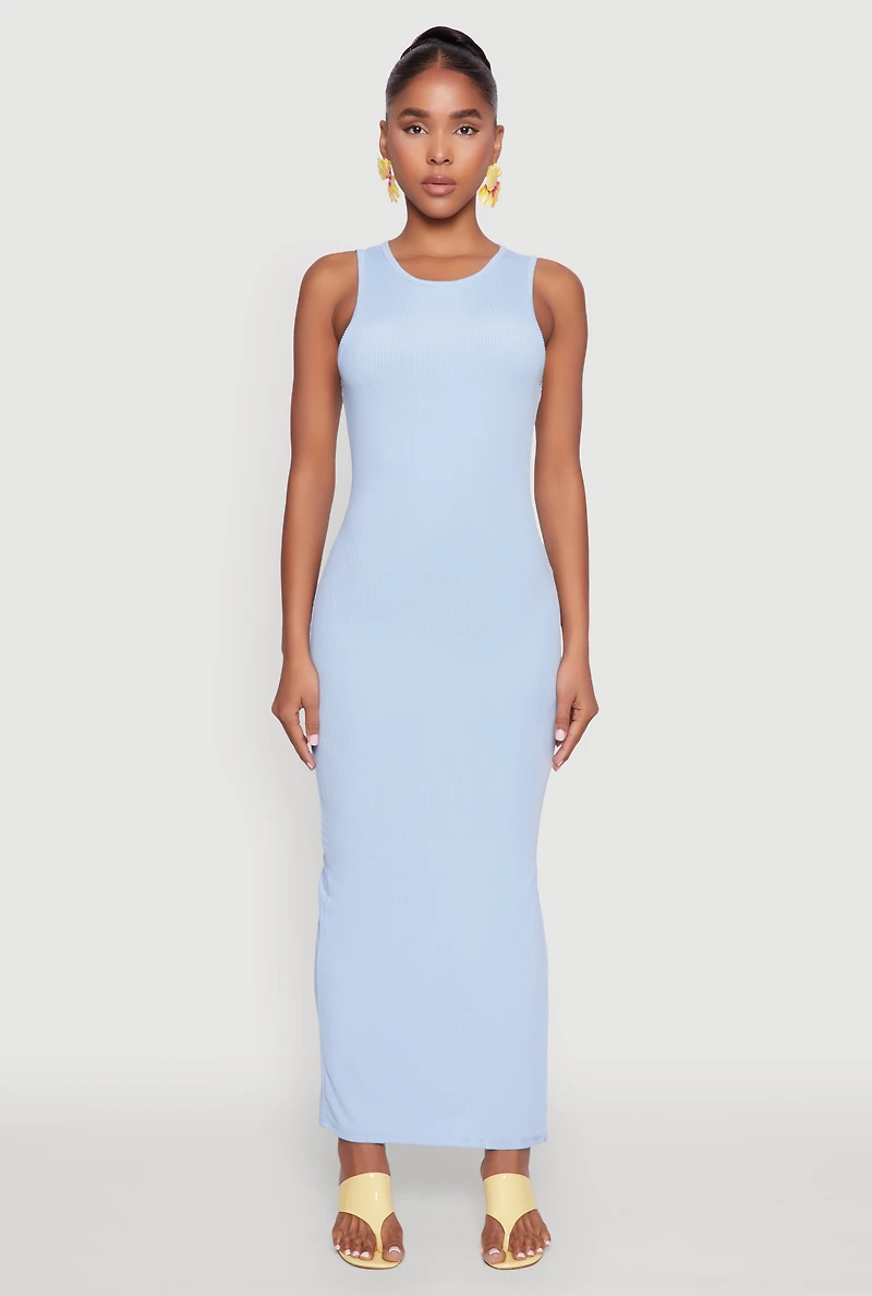 Womens Rib Knit Side Slit Maxi Dress,