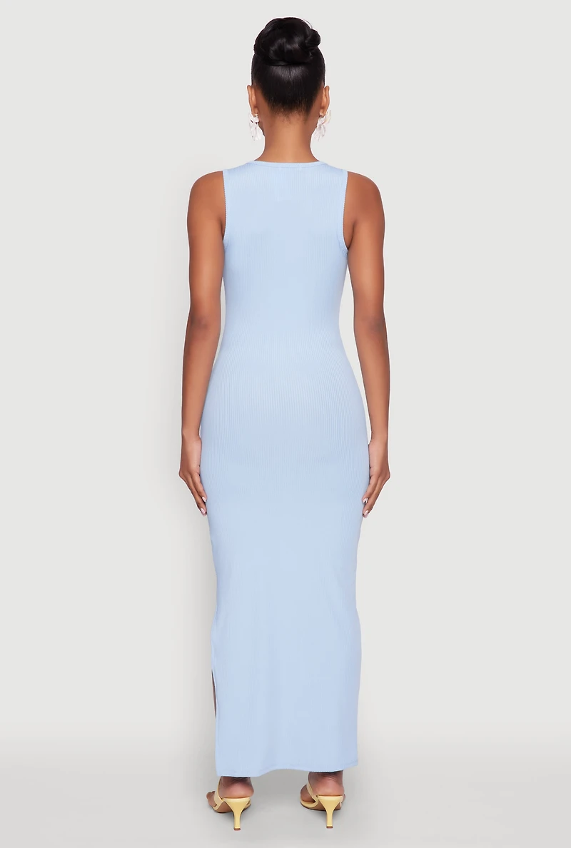 Womens Rib Knit Side Slit Maxi Dress,