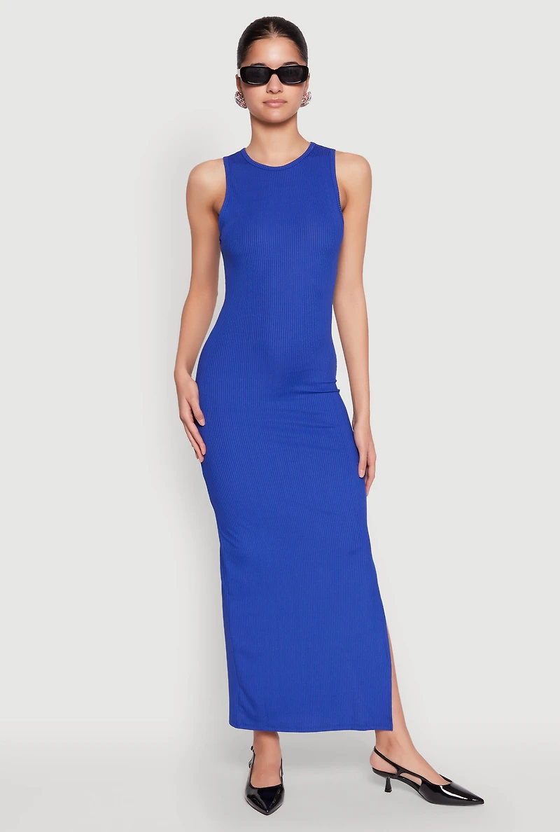 Womens Rib Knit Side Slit Maxi Dress, Blue, Size S