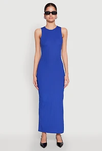 Womens Rib Knit Side Slit Maxi Dress, Blue, Size S