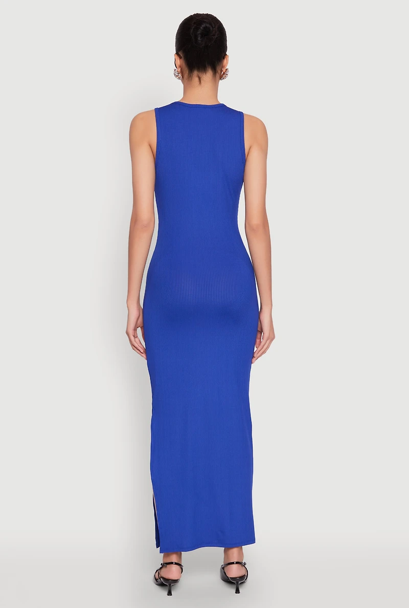 Womens Rib Knit Side Slit Maxi Dress,