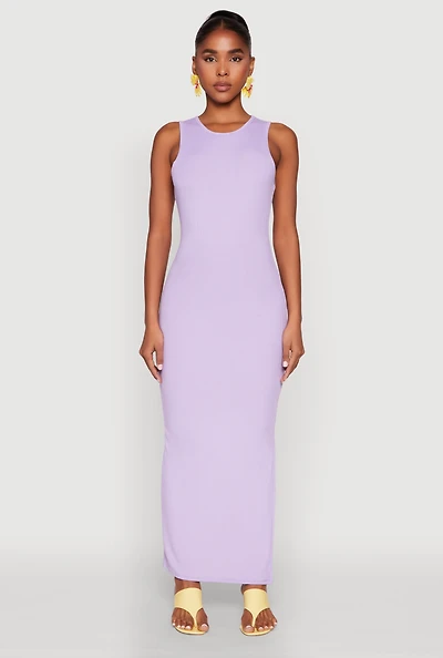 Womens Rib Knit Side Slit Maxi Dress, Purple,