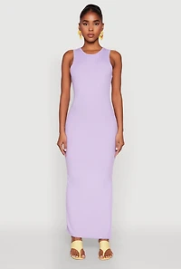 Womens Rib Knit Side Slit Maxi Dress, Purple,