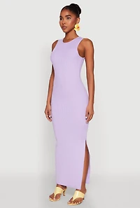 Womens Rib Knit Side Slit Maxi Dress, Purple,