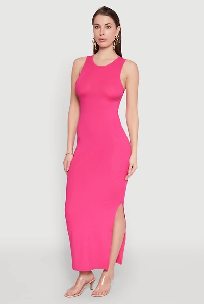 Womens Rib Knit Side Slit Maxi Dress,