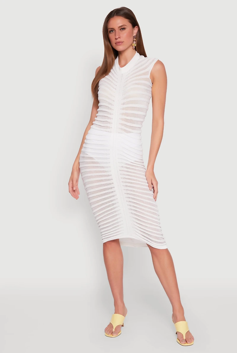 Womens Shadow Striped Knit Midi Dress, White, Size M