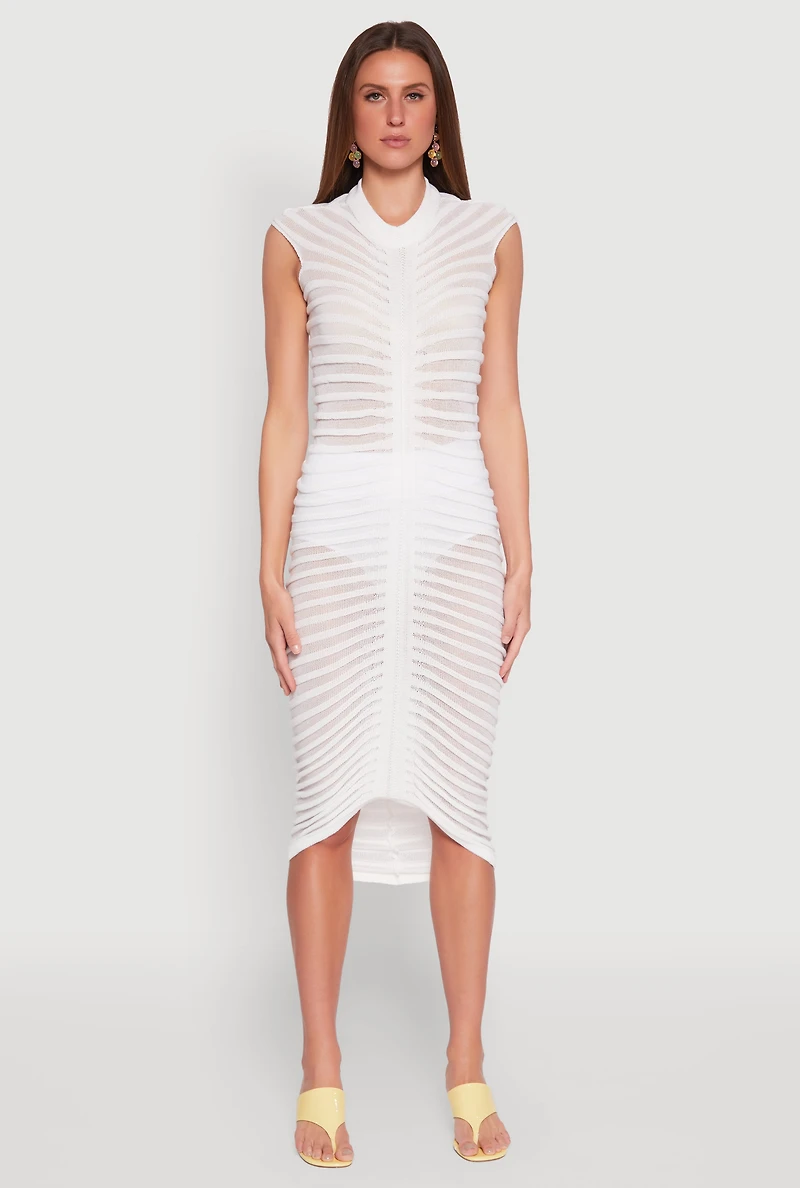 Womens Shadow Striped Knit Midi Dress, White, Size M