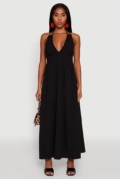 Womens Trendy Plunge Halter Tie Maxi Dress with Criss Cross Back Straps,