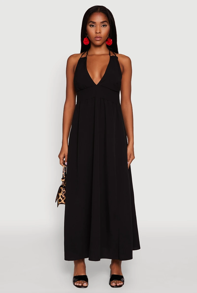 Womens Trendy Plunge Halter Tie Maxi Dress with Criss Cross Back Straps,