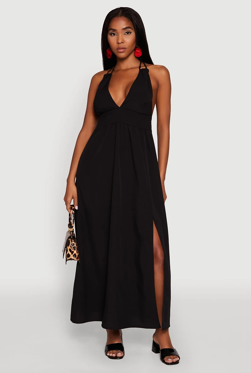Womens Trendy Plunge Halter Tie Maxi Dress with Criss Cross Back Straps,