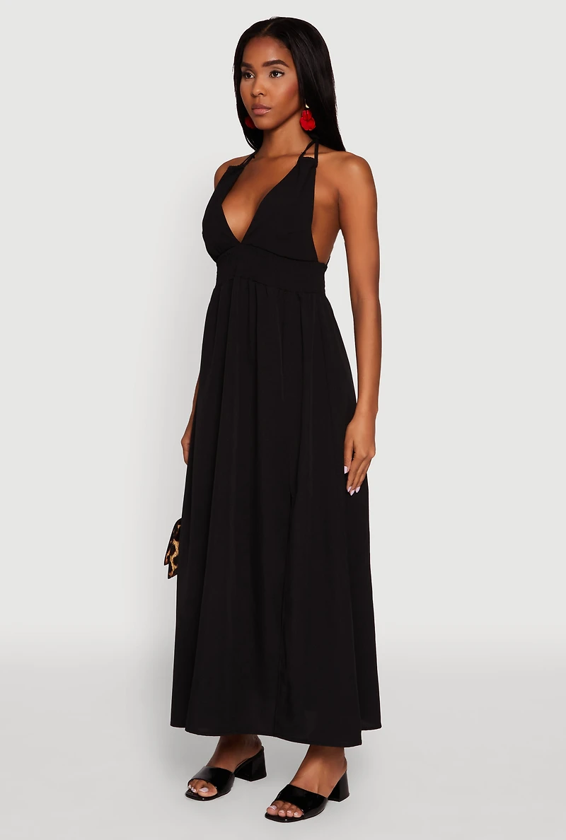 Womens Trendy Plunge Halter Tie Maxi Dress with Criss Cross Back Straps,
