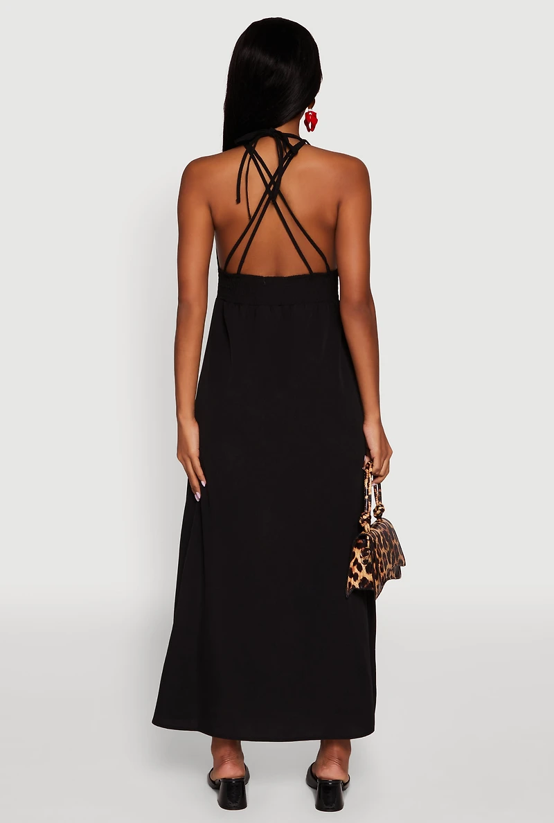 Womens Trendy Plunge Halter Tie Maxi Dress with Criss Cross Back Straps,