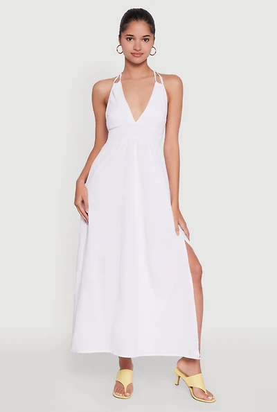 Womens Trendy Plunge Halter Tie Maxi Dress with Criss Cross Back Straps, White, Size M