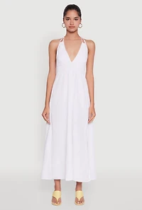 Womens Trendy Plunge Halter Tie Maxi Dress with Criss Cross Back Straps, White, Size S