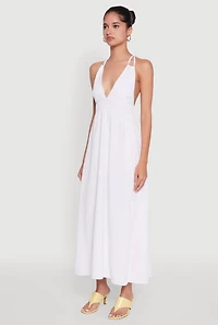 Womens Trendy Plunge Halter Tie Maxi Dress with Criss Cross Back Straps, White, Size S